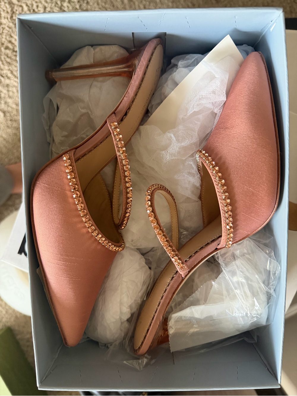 ANTONIO MELANI Rose Satin Pointed-Toe Mules with Crystal Straps